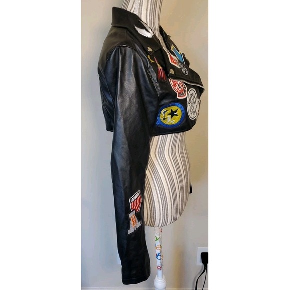 Hot & Delicious Faux Leather Jacket SMALL Cropped Punk Biker Patches Moto - Picture 5 of 13